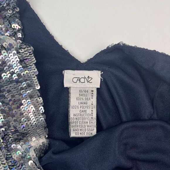 vintage CACHE Silk Beaded Sequin Shift Dress M blue - Picture 3 of 15